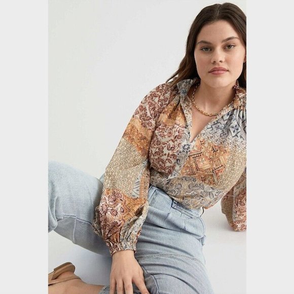 Witchery Santorini Print Raglan Blouse Top Size 14 Balloon Sleeve Cotton Boho - Picture 15 of 16